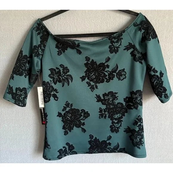 Philosophi L A Top Women Large Green Black Floral Velvet Burnout Off Shoulder - Picture 2 of 14